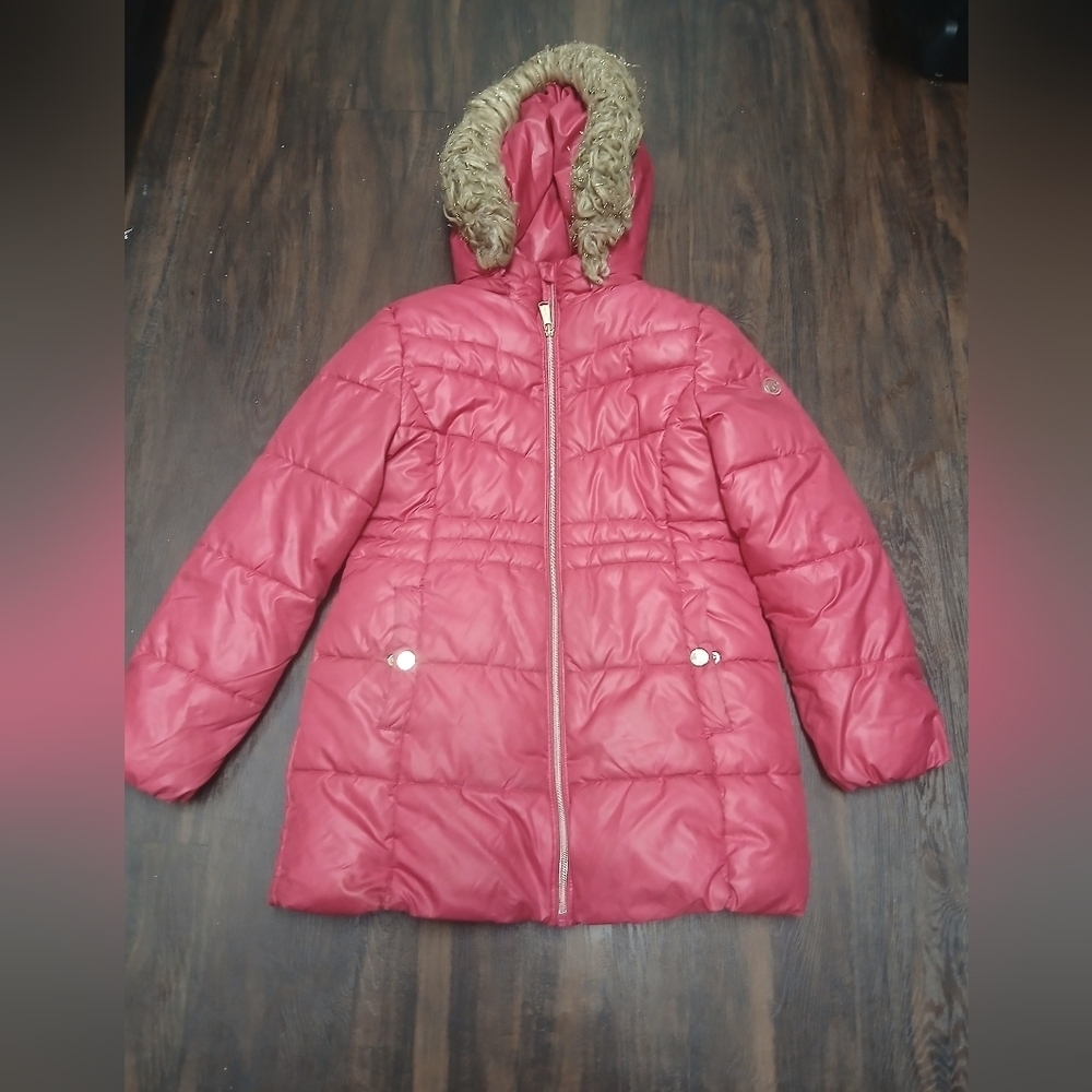 Michael Kors Kids Red Puffer Jacket with Faux Fur Hood